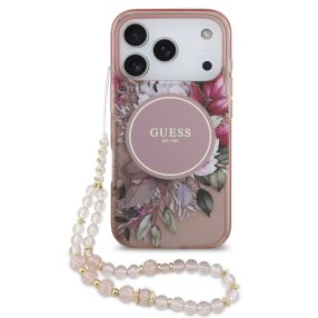   Guess IML Flowers Strap Apple iPhone 17 Pro Max MagSafe hátlap tok karpánttal, rózsaszín