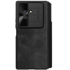   Nillkin Qin Pro Samsung Galaxy Z Fold 7 bőr flip tok S-Pen / kártyatartóval, csúsztatható kameravédővel, fekete