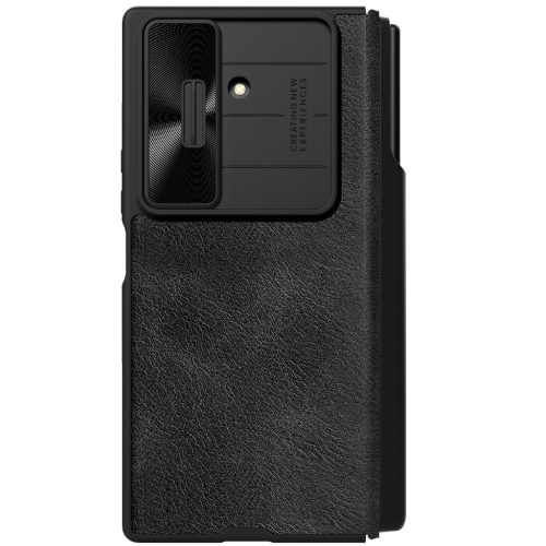 Nillkin Qin Pro Samsung Galaxy Z Fold 7 bőr flip tok S-Pen / kártyatartóval, csúsztatható kameravédővel, fekete