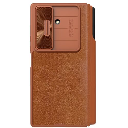 Nillkin Qin Pro Samsung Galaxy Z Fold 7 bőr flip tok S-Pen / kártyatartóval, csúsztatható kameravédővel, barna
