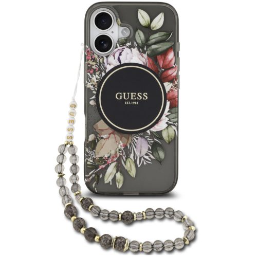 Guess IML Flowers Strap Apple iPhone 17 MagSafe hátlap tok karpánttal, fekete