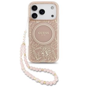  Guess IML Flowers Allover Strap Apple iPhone 17 Pro MagSafe hátlap tok karpánttal, rózsaszín