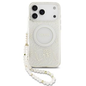   Guess IML Flowers Allover Strap Apple iPhone 17 Pro MagSafe hátlap tok karpánttal, fehér