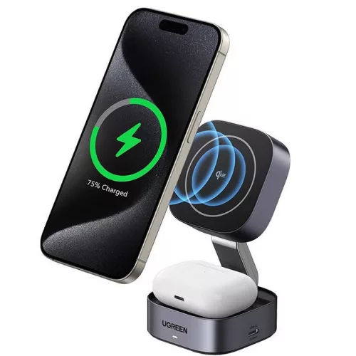Ugreen W702 2in1 vezeték nélküli iPhone/AirPods töltő, 15W, szürke