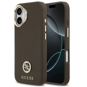   Guess 4G Grained Strass Logo Apple iPhone 17 MagSafe tok kameravédő peremmel, barna-arany