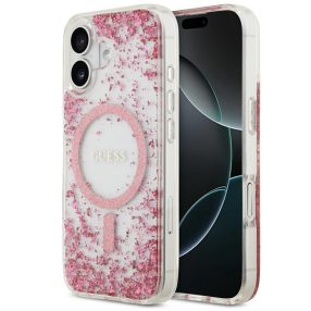  Guess Resin Bottom Glitter Apple iPhone 17 MagSafe tok, csillámos, átlátszó-rózsaszín