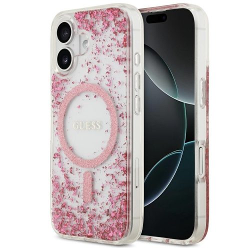 Guess Resin Bottom Glitter Apple iPhone 17 MagSafe tok, csillámos, átlátszó-rózsaszín