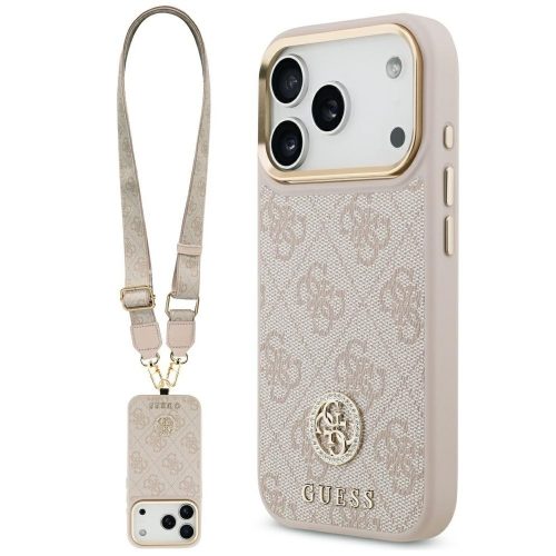 Guess 4G Strass Logo & Big Strap Metal Buttons Apple iPhone 17 Pro MagSafe tok csukló / nyakpánttal, rózsaszín