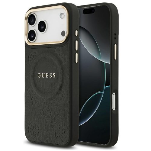 Guess Peony Hot Stamp Apple iPhone 17 Pro MagSafe tok kameravédő peremmel, fekete-arany