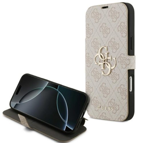 Guess Book 4G Metal Logo Apple iPhone 17 Pro oldalra nyíló tok kártyatartóval, rózsaszín