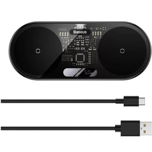 Baseus 2in1 vezeték nélküli töltő, digitális LED kijelzővel, Qi, USB-C-USB-A kábellel, 20W