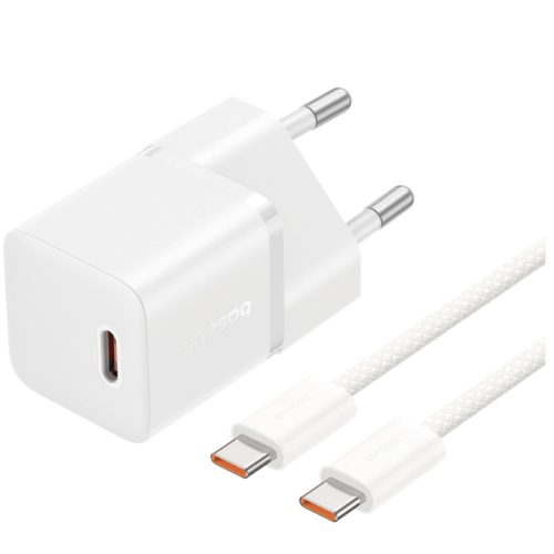 Baseus GaN5 Mini USB-C hálózati gyorstöltő adapter 20W, + USB-C-USB-C fonott kábel, 100W, fehér