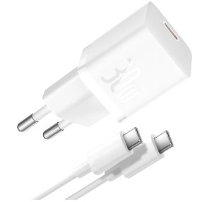   Baseus GaN5 Mini USB-C hálózati gyorstöltő adapter 30W, + USB-C-USB-C fonott kábel, 100W, fehér