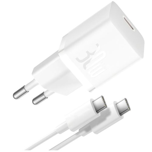 Baseus GaN5 Mini USB-C hálózati gyorstöltő adapter 30W, + USB-C-USB-C fonott kábel, 100W, fehér