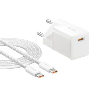   Baseus GaN5 Mini USB-C hálózati gyorstöltő adapter 25W, + USB-C-USB-C fonott kábel, 100W, fekete
