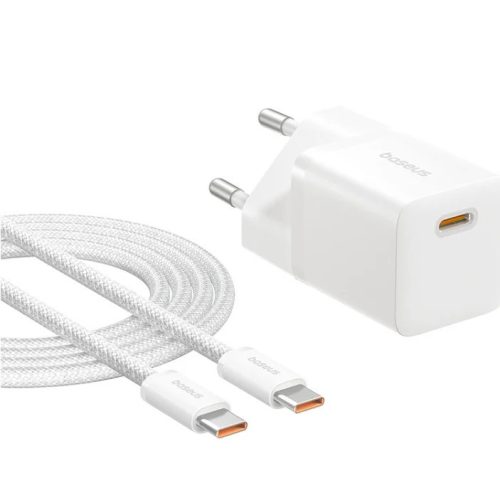 Baseus GaN5 Mini USB-C hálózati gyorstöltő adapter 25W, + USB-C-USB-C fonott kábel, 100W, fekete