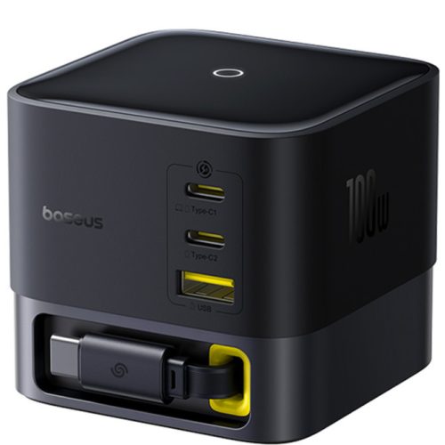 Baseus Super GaN 3xUSB-C-USB-A töltőállomás behűzható kábellel, 100W, fekete