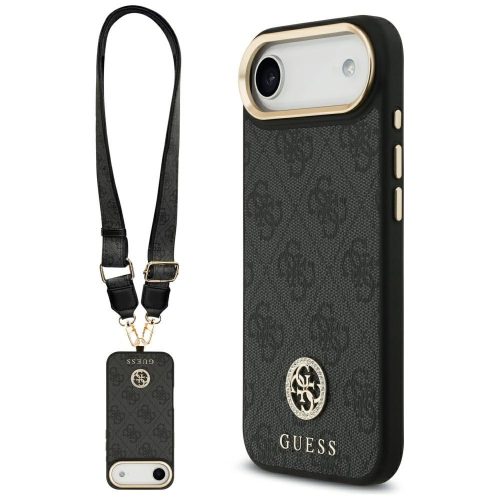 Guess 4G Strass Logo & Big Strap Metal Buttons Apple Air (2025) MagSafe tok csukló / nyakpánttal, fekete