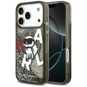   Karl Lagerfeld Liquid Glitter Choupette Logo Apple iPhone 17 Pro MagSafe kompatibilis hátlap tok, csillámos, fekete