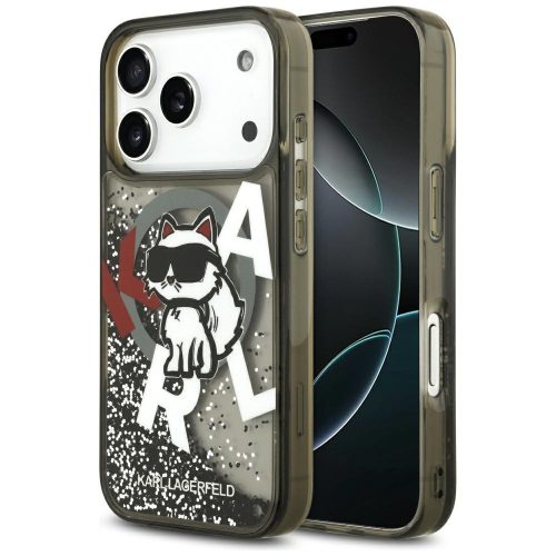 Karl Lagerfeld Liquid Glitter Choupette Logo Apple iPhone 17 Pro MagSafe kompatibilis hátlap tok, csillámos, fekete