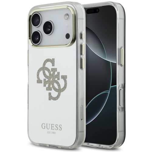 Guess PC/TPU Mirror 4G Glitter Logo Apple iPhone 17 Pro csillámos hátlap tok kameravédő peremmel, MagSafe, arany