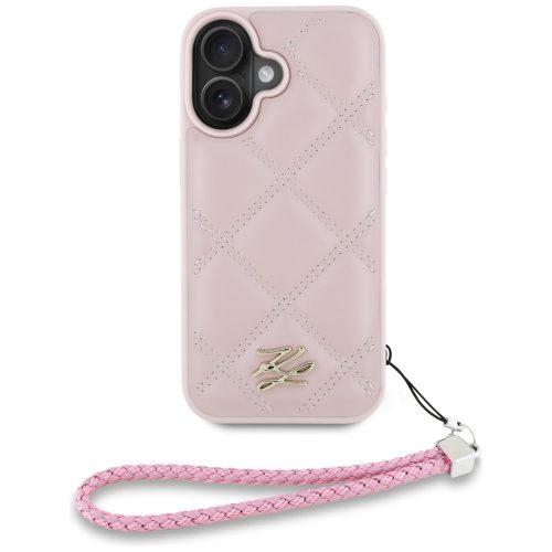 Karl Lagerfeld Quilted Initial Logo & Chain Strap iPhone 16 műbőr hátlap tok karpánttal, rózsaszín