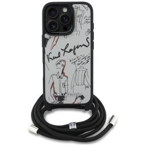   Karl Lagerfeld Crossbody Grained Pattern & Logo iPhone 16 Pro műbőr hátlap tok vállpánttal, MagSafe, szürke