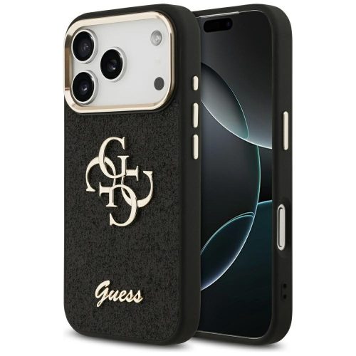Guess Fixed Glitter Big 4G Metal Frame Apple iPhone 17 Pro Max csillámos hátlap tok, fekete