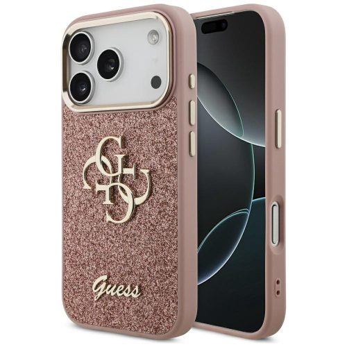 Guess Fixed Glitter Big 4G Metal Frame Apple iPhone 17 Pro csillámos hátlap tok, rózsaszín