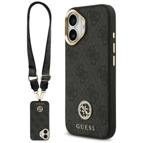   Guess 4G Strass Logo & Big Strap Metal Buttons Apple iPhone 17 hátlap tok univerzális pánttal, MagSafe, fekete-arany