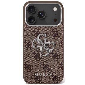   Guess 4G Big 4G Classic Logo Apple iPhone 17 hátlap tok kameravédő peremmel, barna-ezüst