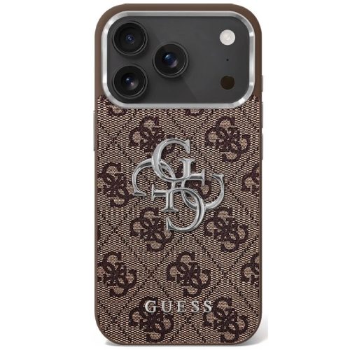 Guess 4G Big 4G Classic Logo Apple iPhone 17 hátlap tok kameravédő peremmel, barna-ezüst