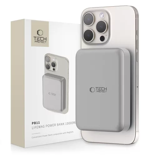 Tech-Protect PB11 LifeMag Powerbank / külső akkumulátor, MagSafe, kompakt, 10000mAh, titanium ezüst