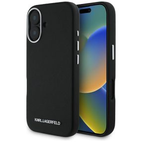   Karl Lagerfeld Saffiano Full Wrapped Elongated Metal Logo iPhone 16 hátlap tok kameravédelemmel, MagSafe, fekete