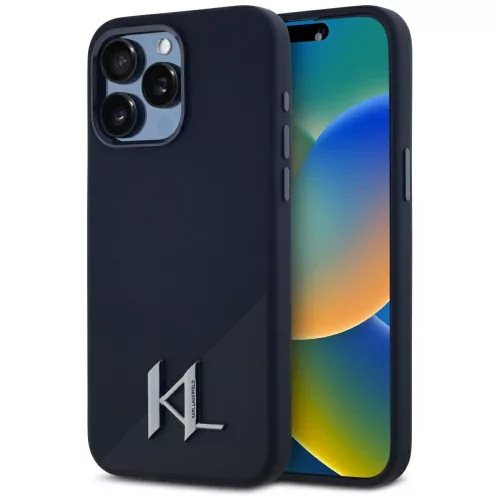 Karl Lagerfeld Silicone Shadow Metal Initial iPhone 15 Pro hátlap tok kameravédelemmel, MagSafe, fekete
