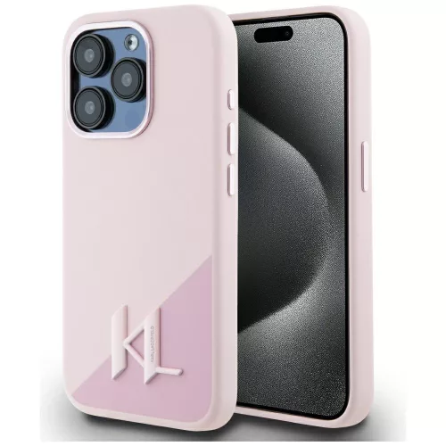 Karl Lagerfeld Silicone Shadow Metal Initial iPhone 15 Pro hátlap tok kameravédelemmel, MagSafe, rózsaszín
