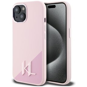   Karl Lagerfeld Silicone Shadow Metal Initial iPhone 15 hátlap tok kameravédelemmel, MagSafe, rózsaszín