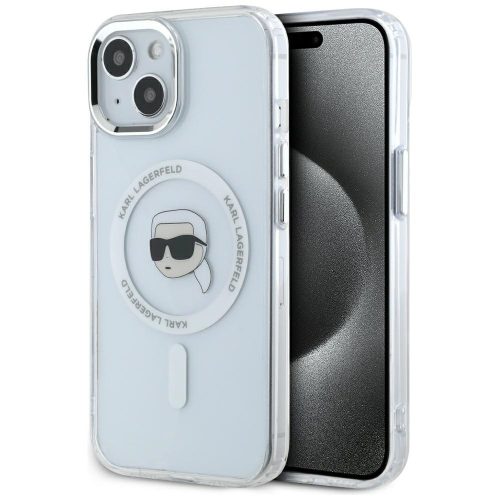 Karl Lagerfeld IML Metal Karl Head iPhone 15 hátlap tok kameravédelemmel, MagSafe, fehér