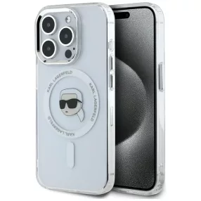   Karl Lagerfeld IML Metal Karl Head iPhone 15 Pro hátlap tok kameravédelemmel, MagSafe, fehér