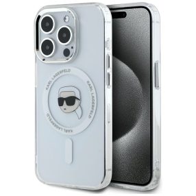   Karl Lagerfeld IML Metal Karl Head iPhone 15 Pro Max hátlap tok kameravédelemmel, MagSafe, fehér