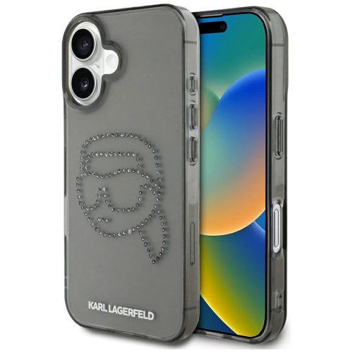 Karl Lagerfeld IML Rhinestones Karl Head iPhone 16 hátlap tok kameravédelemmel, fekete