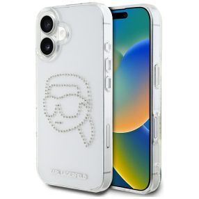   Karl Lagerfeld IML Rhinestones Karl Head iPhone 16 hátlap tok kameravédelemmel, átlátszó