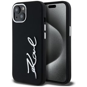   Karl Lagerfeld Silicone Metal Script Logo iPhone 15 hátlap tok kameravédelemmel, fekete