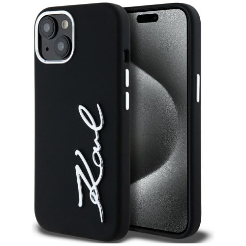 Karl Lagerfeld Silicone Metal Script Logo iPhone 15 hátlap tok kameravédelemmel, fekete