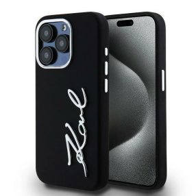   Karl Lagerfeld Silicone Metal Script Logo iPhone 15 Pro Max hátlap tok kameravédelemmel, fekete