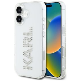   Karl Lagerfeld IML Rhinestones Logo iPhone 16 hátlap tok kameravédelemmel, fehér