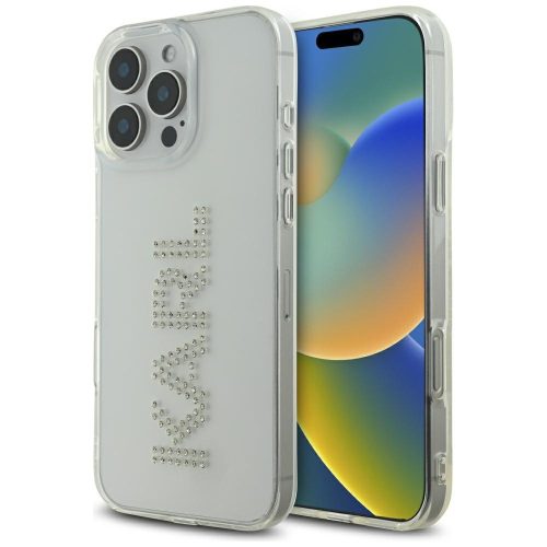 Karl Lagerfeld IML Rhinestones Logo iPhone 16 Pro hátlap tok kameravédelemmel, fehér
