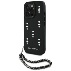   Karl Lagerfeld Saffiano Crystals iPhone 16 Pro hátlap tok karlánccal, fekete