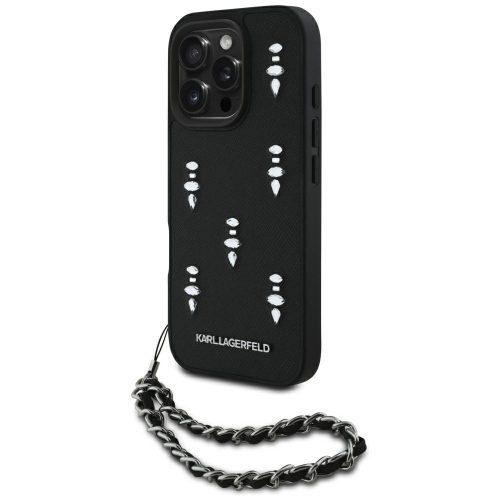 Karl Lagerfeld Saffiano Crystals iPhone 16 Pro hátlap tok karlánccal, fekete