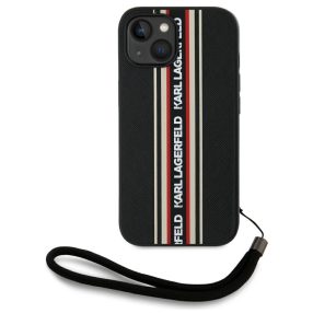   Karl Lagerfeld Saffiano Athleisure Stripes Cord iPhone 15 hátlap tok csuklópánttal, fekete-piros